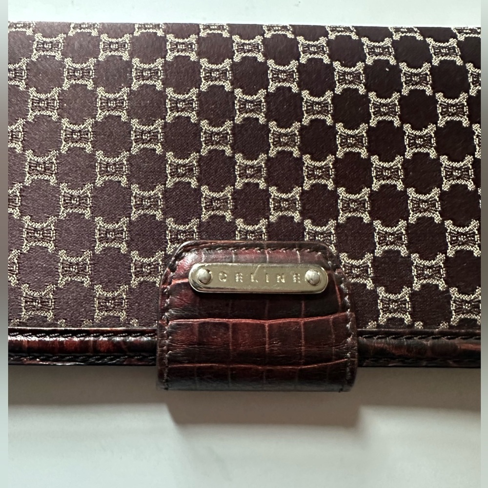 CELINE Vintage Brown Monogram 1990-2000 Macadam-pattern Wallet with Croc Trim - Picture 6 of 14